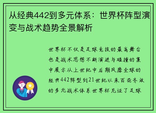 从经典442到多元体系：世界杯阵型演变与战术趋势全景解析