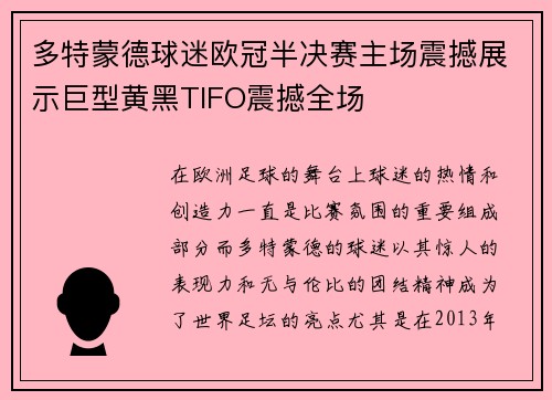多特蒙德球迷欧冠半决赛主场震撼展示巨型黄黑TIFO震撼全场